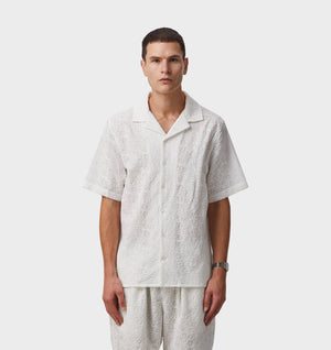 Chain Stitch Cuban Collar Shirt - White