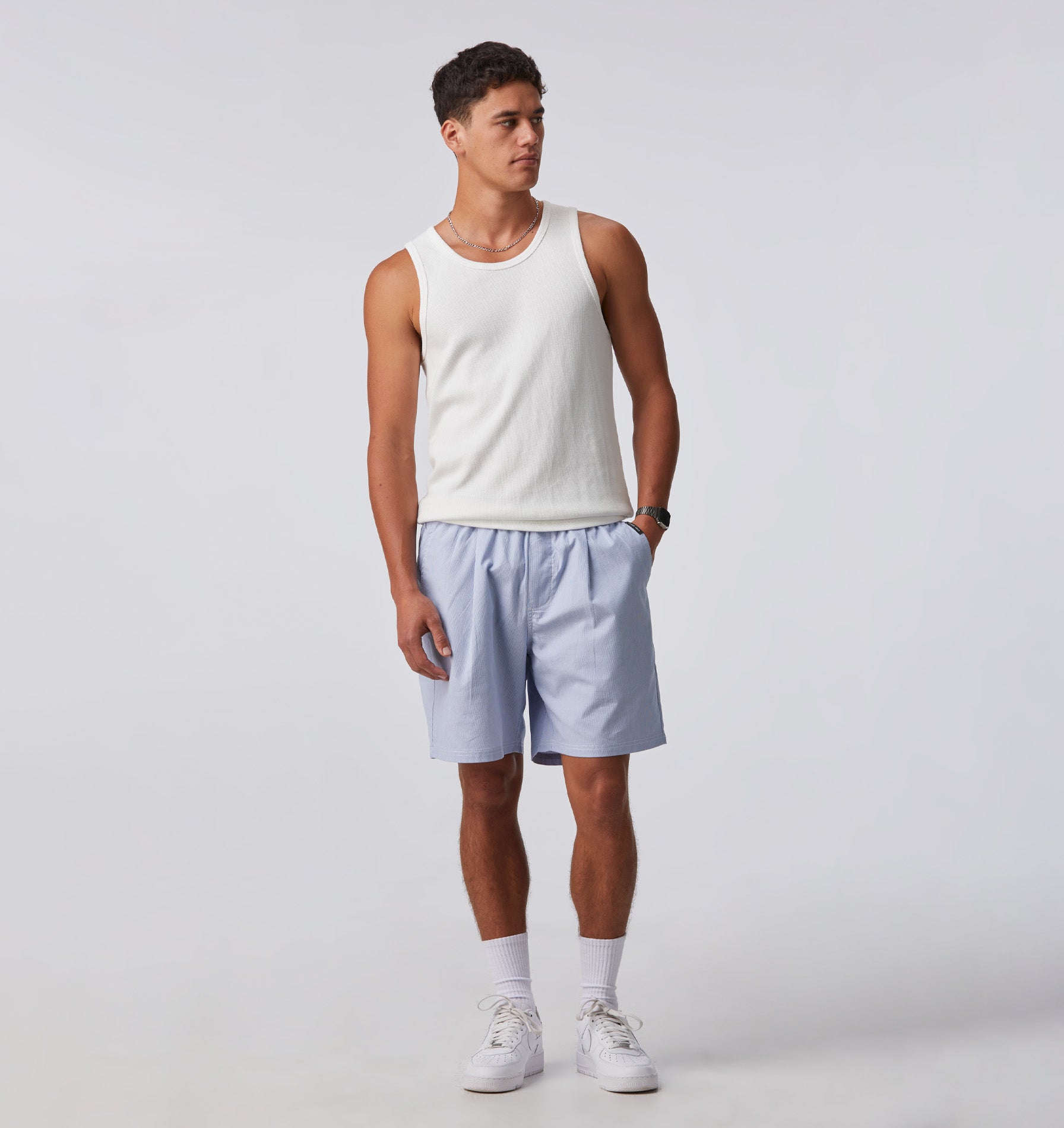 Stripe Michael Pleat Short - Blue/White