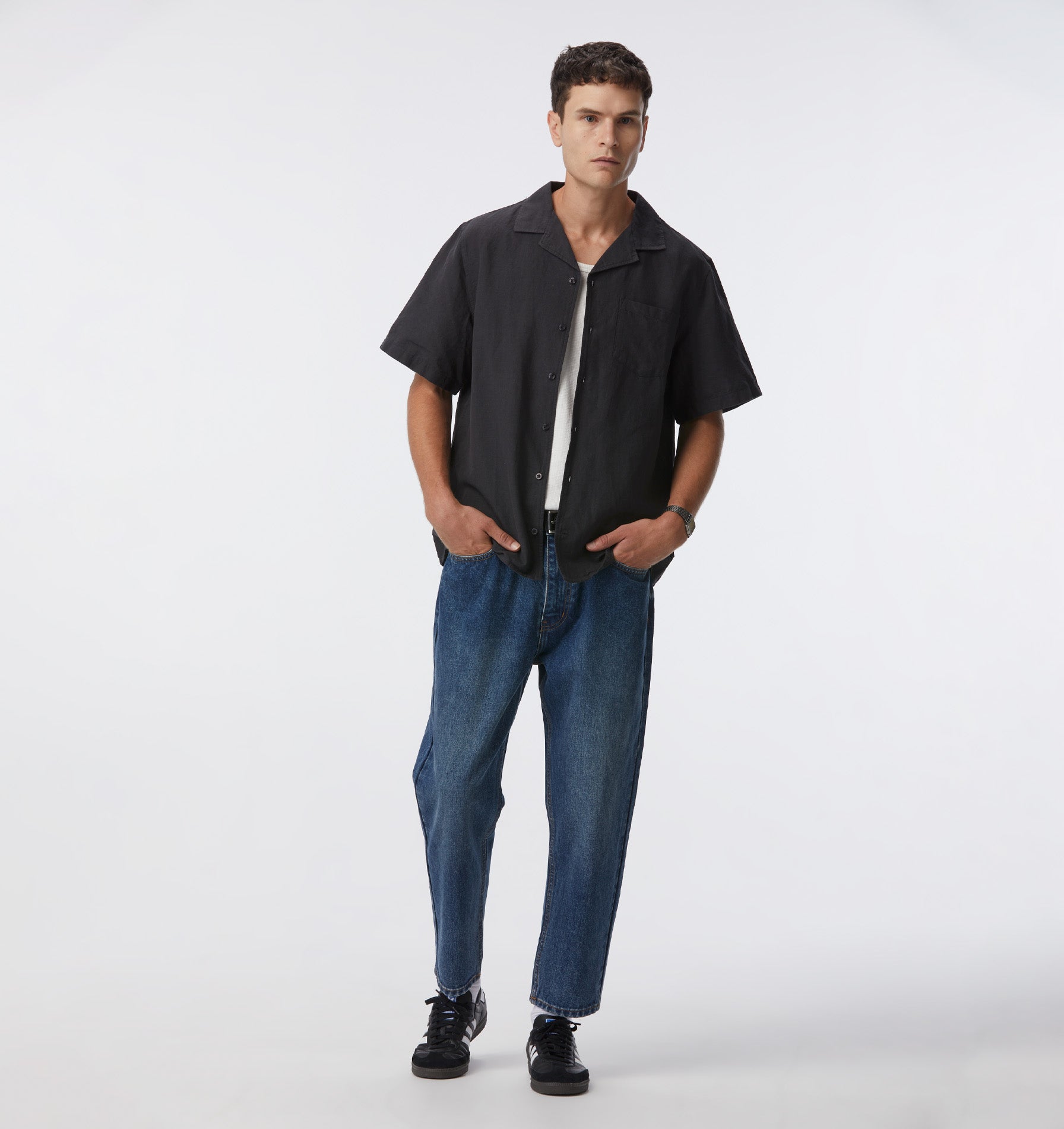 Linen Cuban Collar SS Shirt - Charcoal