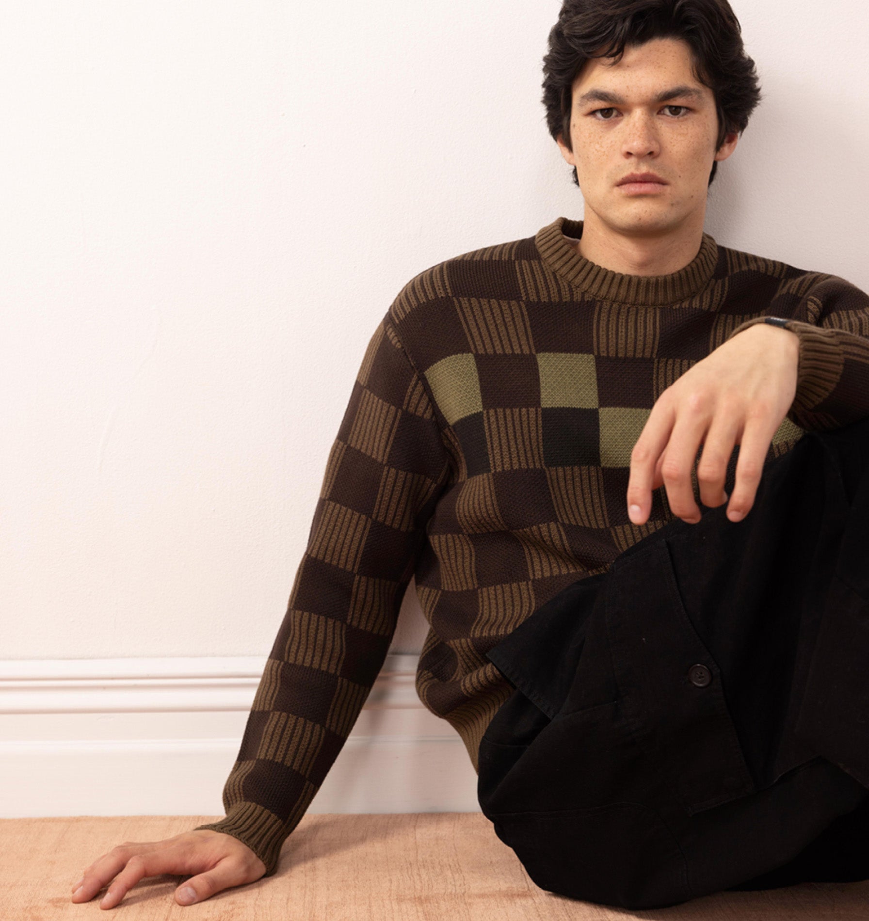 Checkerboard Knit Sweater - Olive