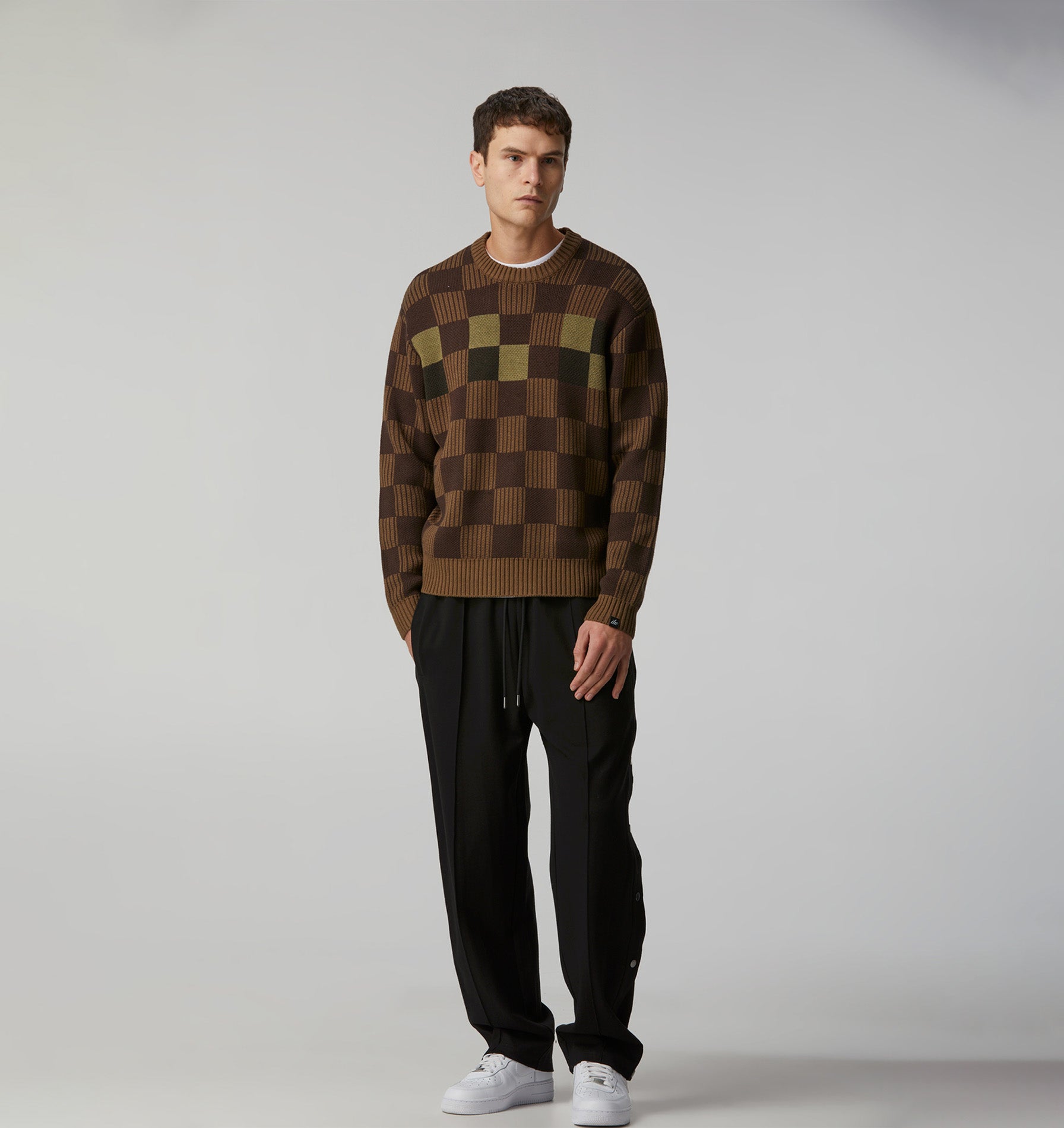 Checkerboard Knit Sweater - Olive